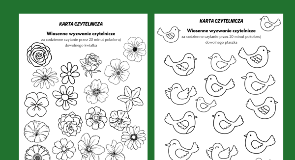 Wiosenne WYZWANIE CZYTELNICZE - karta czytelnika - wiosna - BIBLIOTEKA - 2 wersje