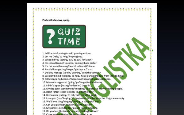 Gerund vs Infinitive - aż 50 zdań z kluczem- powtórka dla ósmoklasistów/ maturzystów