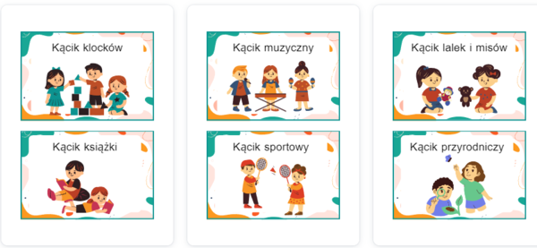 Kąciki tematyczne do przedszkola - wersja z wizerunkiem dzieci