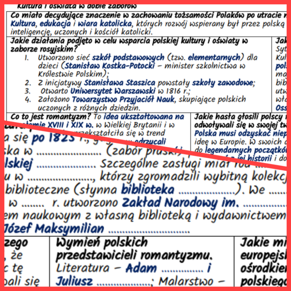 Kultura i oświata w dobie zaborów - notatki, karta pracy