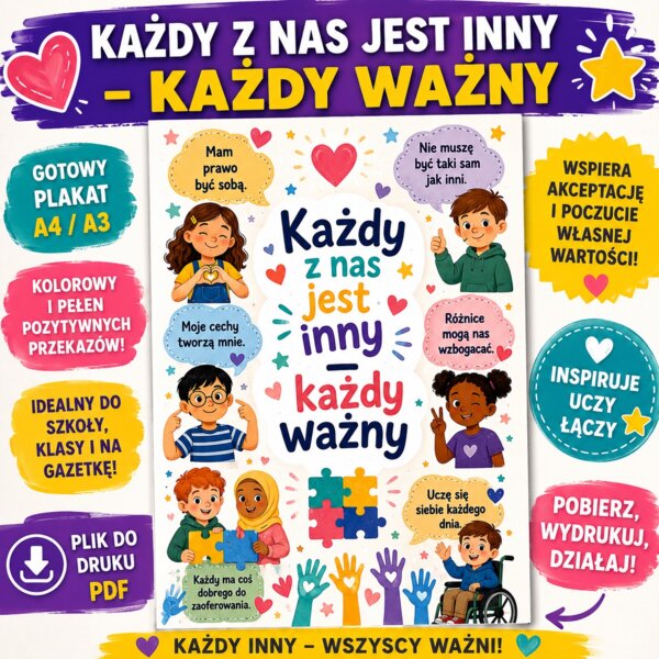 Plakat: Każdy z nas jest inny — każdy ważny