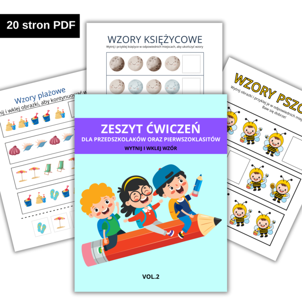 Zeszyt ćwiczeń -wytnij i wklej wzór. 20 stron ćwiczeń dla przedszkolaków i Pierwszoklasistów.