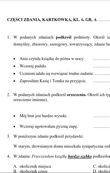 Kartkówka - części zdania