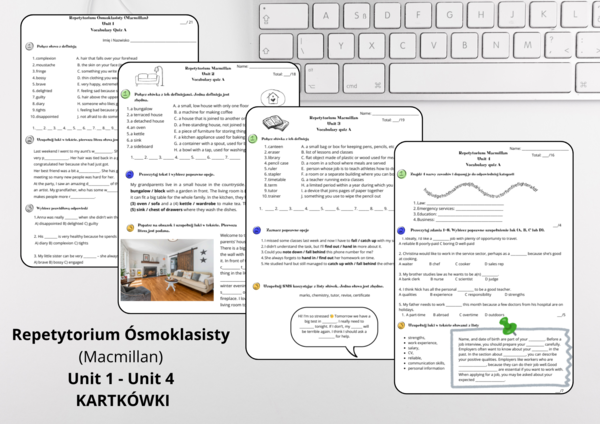 Kartkówki do Repetytorium Ósmoklasisty - Unit 1 - Unit 4 - vocabulary short tests - grammar short tests
