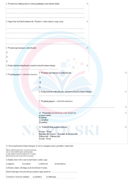 Sprawdzian - fraszki, Kochanowski, poprawność jęz. - kl.6