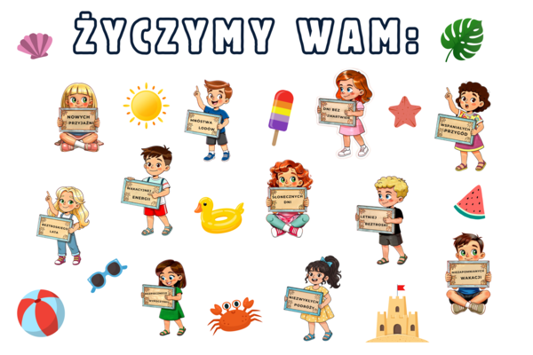 Wakacyjna gazetka szkolna – kolorowe dekoracje na zakończenie roku i lato | PDF do druku  |  dużo dodatkowych elementów dekoracyjnych