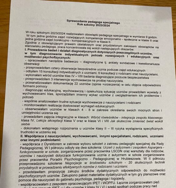 Sprawozdanie pedagoga specjalnego
