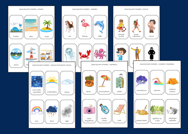 WAKACYJNE KARTY OPOWIEŚCI – ćwiczenia redakcyjne – 66 szt. – wakacje – lato – opowiadanie