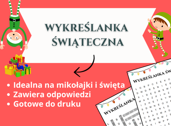 Wykreślanka Świąteczna – Zabawa na Mikołajki i nie tylko! 🎅❄️✨ świetlica, godzina wychowawcza, szkoła podstawowa, klasy 1-8