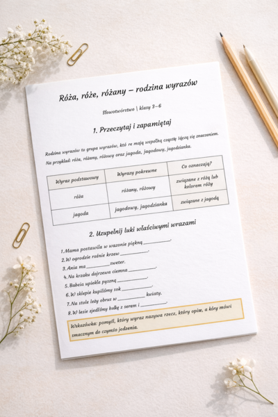 Róża, róże, różany – rodzina wyrazów [Karta pracy]