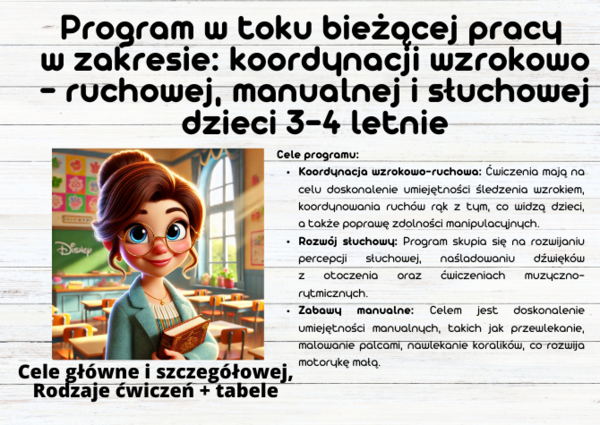 Program w toku bieżącej pracy w zakresie: koordynacji wzrokowo - ruchowej, manualnej i słuchowej dzieci 3-4 letnie!