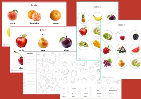 Angielski – materiały z zakresu leksykalnego Owoce: słownik obrazkowy, BINGO, 2 ćwiczenia