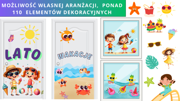Letnia ozdoba do sali przedszkolnej i szkolnej – ponad 110 elementów do druku i własnej aranżacji.