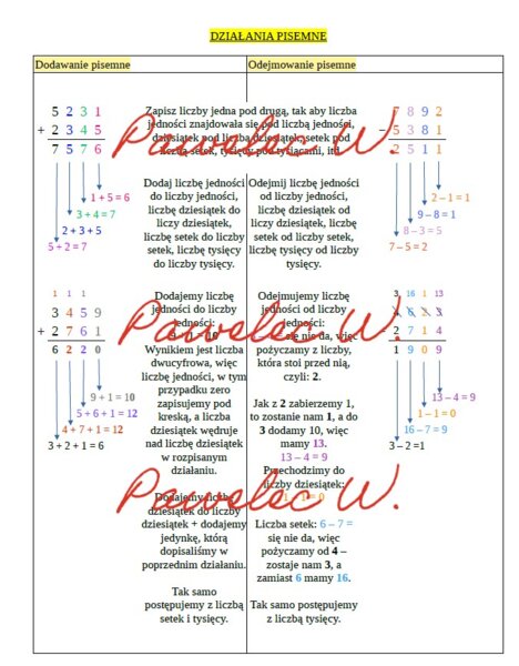 DODAWANIE i ODEJMOWANIE PISEMNE - plakat, kl. 4, kl. 5, kl. 6, kl.7
