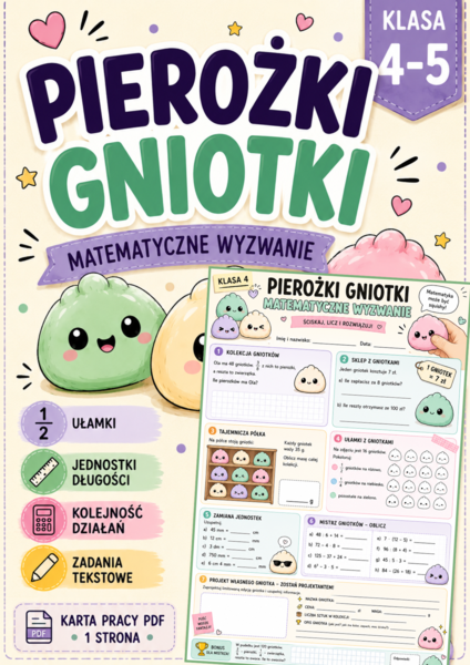 🥟 Pierożki Gniotki – matematyczne wyzwanie | karta pracy PDF | klasy 4–5