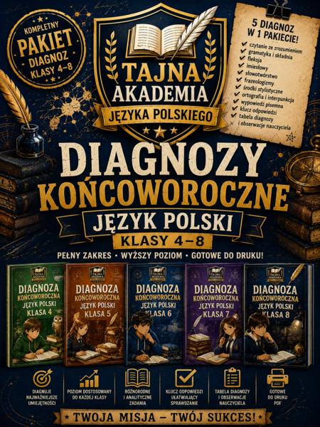 Diagnozy końcoworoczne – język polski klasy 4–8 | MEGA PAKIET testów kompetencji