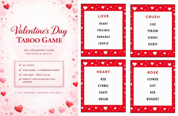 VALENTINE'S DAY TABOO / FORBIDDEN WORDS GAME – gra językowa ESL | 60 kart | Speaking Game A2–B2 | Walentynki