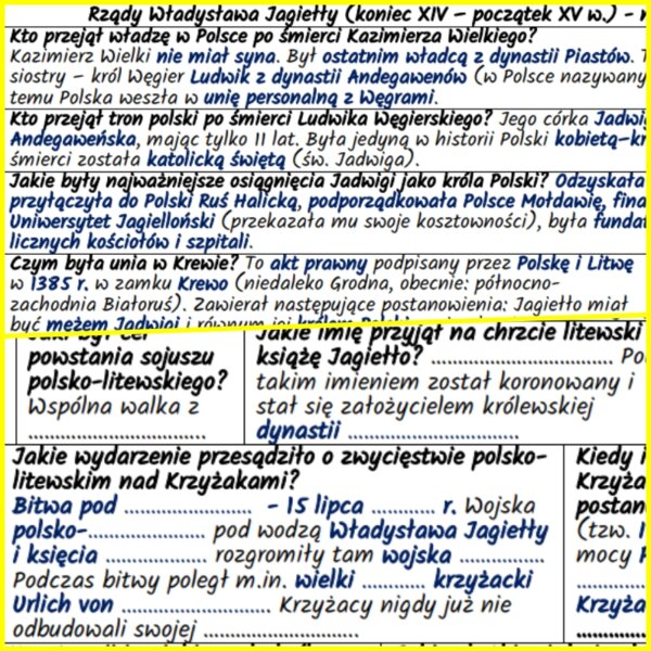 Rządy Władysława Jagiełły (koniec XIV – początek XV w.) – notatki i karta pracy