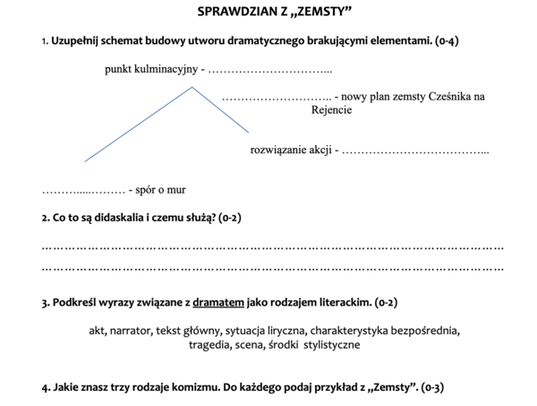 "Zemsta" - sprawdzian wiedzy i umiejętności (po omówieniu lektury)