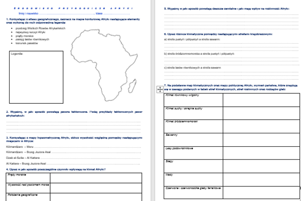 Środowisko przyrodnicze Afryki - karty pracy