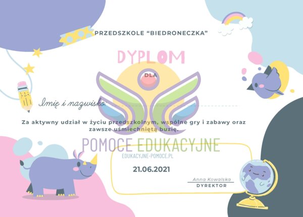 Dyplom ukończenia żłobka - nosorożec