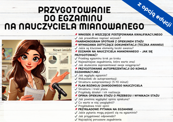 Plan rozwoju zawodowego nauczyciela mianowanego PRZYGOTOWANIE DO EGZAMINU NA NAUCZYCIELA MIANOWANEGO egzamin WNIOSEK O WSZCZĘCIE POSTĘPOWANIA KWALIFIKACYJNEGO Harmonogram spotkań z opiekunem stażu TECZKA AWNASU NAUCZYCIELA