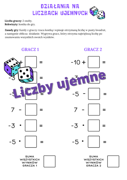 Działania na liczbach ujemnych - gra z kostką
