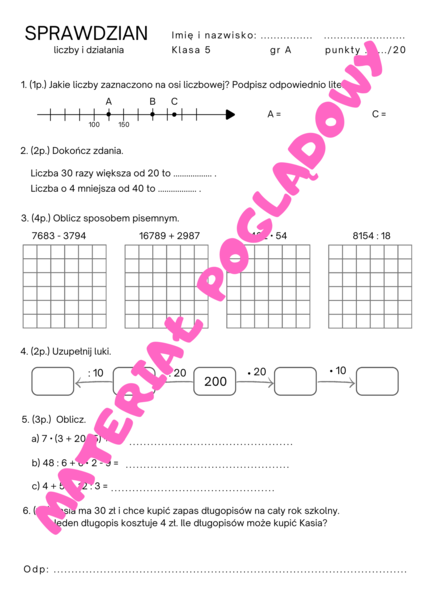 Sprawdzian. Liczby i działania. Klasa 5. GWO