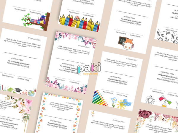 Wkładki, wklejki, dyplomy, nagrody, podziękowania na koniec roku 24/25 - różne wzory, klasy 1 - 8 SP, zakończenie roku