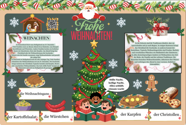 Gazetka w języku niemieckim „Frohe Weihnachten"| Nowoczesna i edukacyjna dekoracja idealna do klasy/biblioteki/korytarza| Główna grafika w formie plakatu 4 x A 4| Kod QR do kolędy " Stille Nacht"