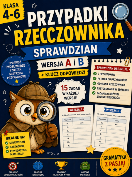 Przypadki rzeczownika – sprawdzian kl. 4–6 | wersja A i B + klucz odpowiedzi