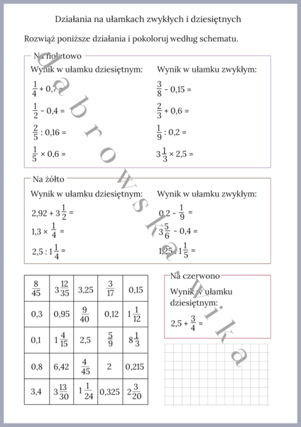 Działania na ułamkach zwykłych i dziesiętnych - kodowanka