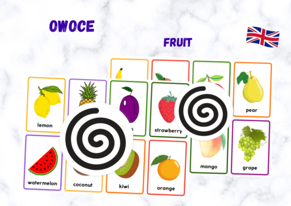 Owoce. Fruit. Plansze dydaktyczne z możliwością gry.