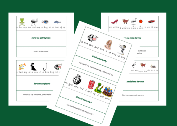 Primaaprilisowe żarty - REBUSY - ZWIĄZKI FRAZEOLOGICZNE - frazeologizmy - fiszki - Wielkanoc