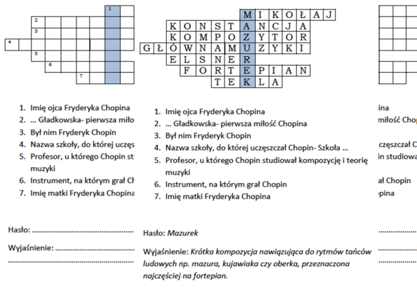Logogryf dla klasy 5- Młodość Fryderyka Chopina