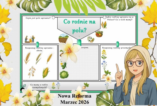 Karta pracy z przyrody do klasy 4 "Co rośnie na polu?". Przygotowana na podstawie podręcznika „Odkrywam przyrodę” wydawnictwa Nowa Era. Dział "Życie na lądzie".