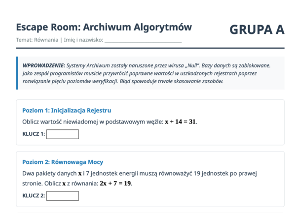 Escape Room matematyczny – Równania | Klasa 6 | Wersje A i B