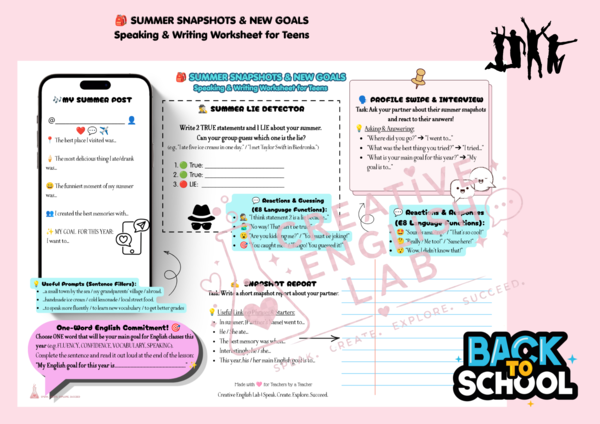Back to School: Summer Snapshot & New Goals | Klasy 7-8 & E8 | Speaking & Writing (PDF)
