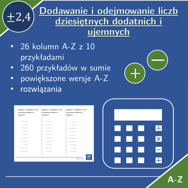 Dodawanie i odejmowanie liczb dziesiętnych dodatnich i ujemnych | matematyka | 26 kolumn