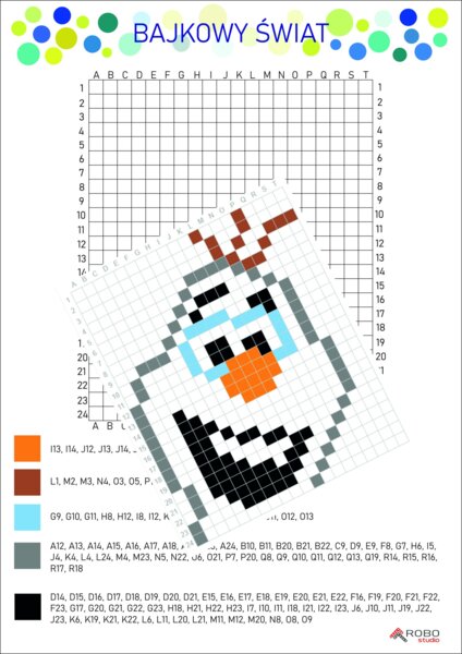 Kodowanka Kraina Lodu, Olaf- kodowanie, kolorowanka, dyktando graficzne, postacie z bajek