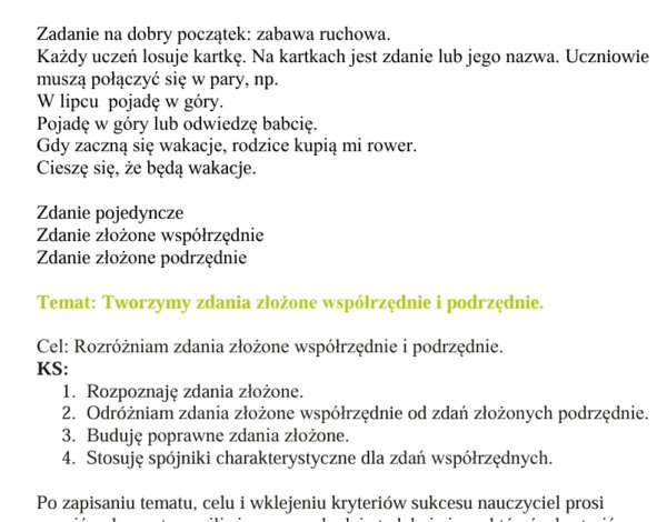scenariusz lekcji z wykorzystaniem strategii OK, Tworzymy zdania złożone współrzędnie i podrzędnie