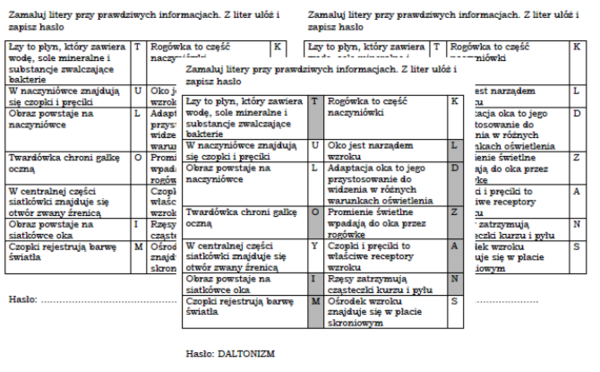 Oko - prawda czy fałsz. Łamigłówka dla klasy 7