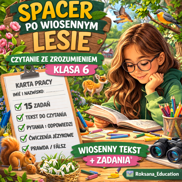 🌳 Spacer po wiosennym lesie – czytanie ze zrozumieniem (klasa 6) | karta pracy + 15 zadań