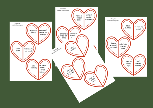 WALENTYNKI – ZWIĄZKI FRAZEOLOGICZNE ze słowem „MIŁOŚĆ”- fiszki – 36 szt. kl. 4-8 – egzamin – powtórzenie- ćwiczenia – frazeologizmy