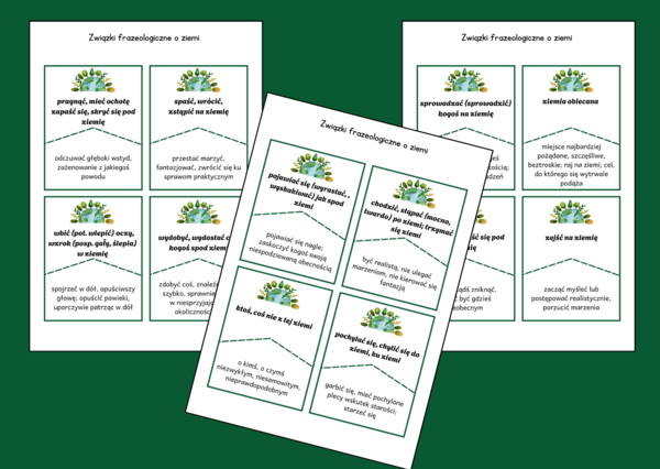 DZIEŃ ZIEMI – ziemia - frazeologizmy – ZWIĄZKI FRAZEOLOGICZNE – fiszki – 24 szt. – kl. 4-8 – egzamin – powtórzenie – ćwiczenia
