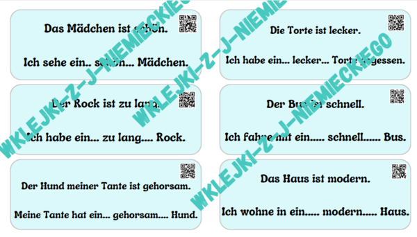 Odmiana przymiotnika po rodzajniku nieokreślonym - język niemiecki - wklejka do zeszytu wraz z ćwiczeniami, egzamin 8-klasisty, liceum/technikum