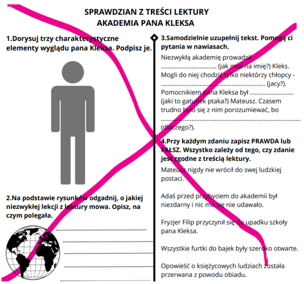 Sprawdzian z treści lektury Akademia pana Kleksa