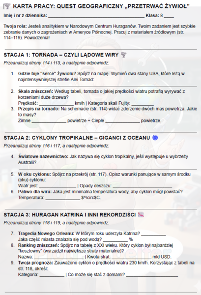 Geografia w klasie 8. Tornada i cyklony tropikalne w Ameryce Północnej - praca z tekstem