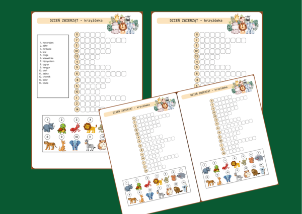 DZIEŃ ZWIERZĄT - KRZYŻÓWKA obrazkowa – ćwiczenia redakcyjne – ortografia - biblioteka
