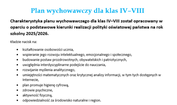 Gotowy Plan Wychowawczy dla Klas IV–VIII / Plik DOCX do EDYCJI / zgodny z kierunkami polityki oświatowej na rok 2025/2026
